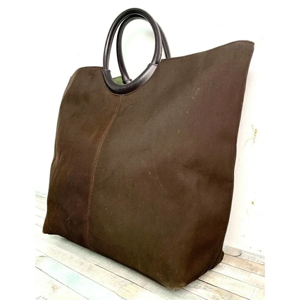 LARGE Charter Club BROWN NYLON CANVAS GENUINE LEATHER HANDLES TOTE HANDBAG PURSE